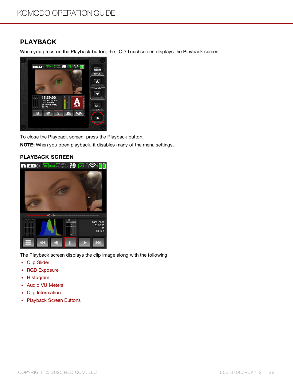 Playback, Komodo operation guide | RED DIGITAL CINEMA KOMODO 6K Digital Cinema Camera (RF) User Manual | Page 46 / 185