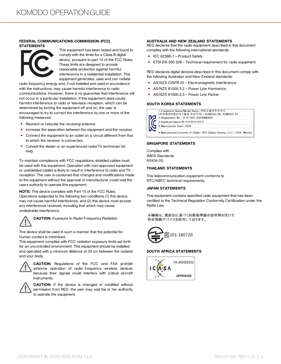 Komodo operation guide | RED DIGITAL CINEMA KOMODO 6K Digital Cinema Camera (RF) User Manual | Page 5 / 185