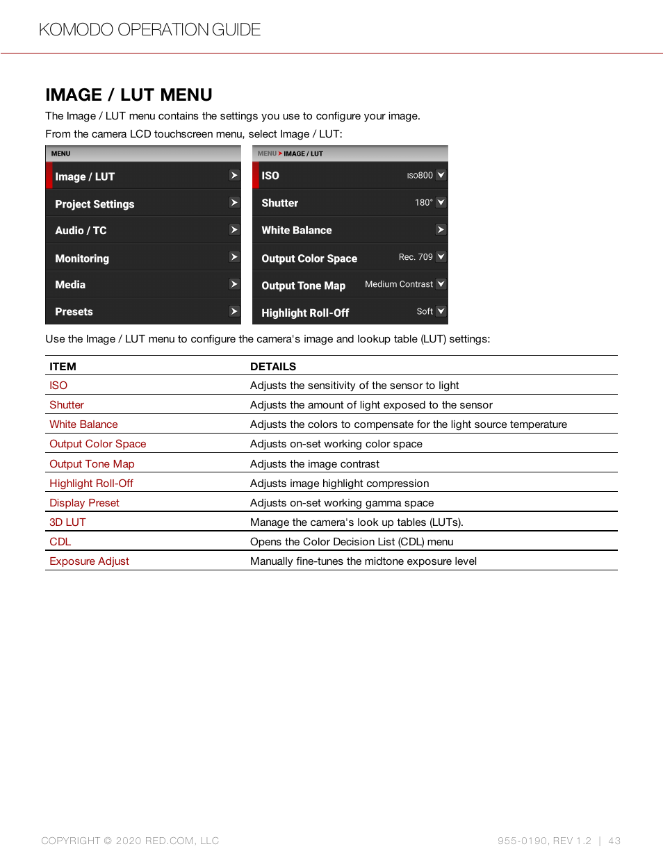 Image / lut menu, Komodo operation guide | RED DIGITAL CINEMA KOMODO 6K Digital Cinema Camera (RF) User Manual | Page 51 / 185