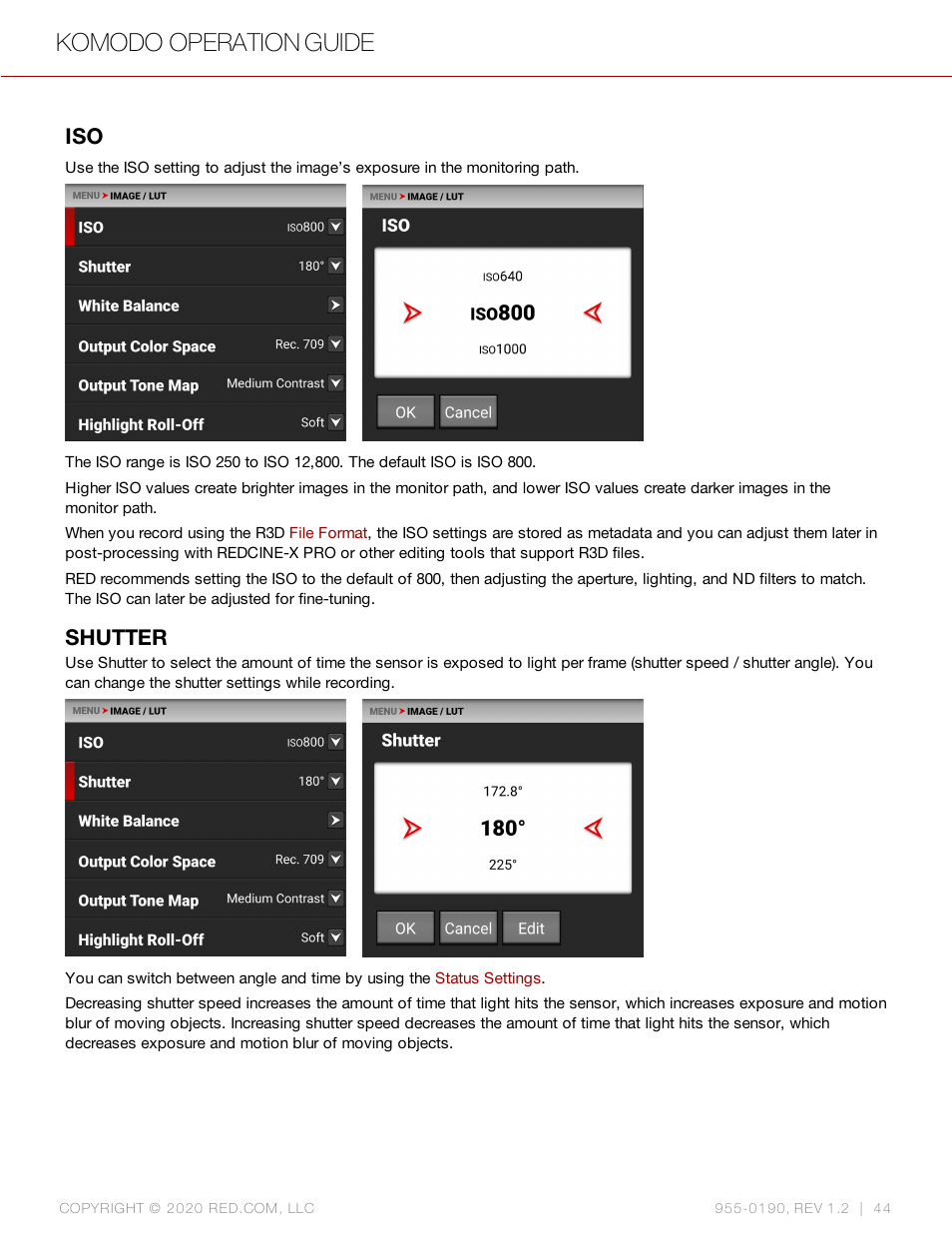 Shutter, Komodo operation guide | RED DIGITAL CINEMA KOMODO 6K Digital Cinema Camera (RF) User Manual | Page 52 / 185