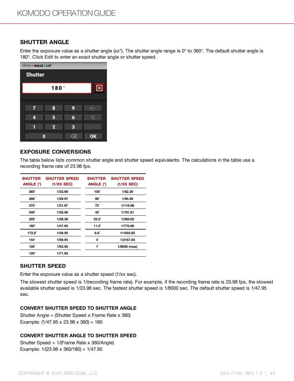 Komodo operation guide, Shutter angle, Exposure conversions | Shutter speed | RED DIGITAL CINEMA KOMODO 6K Digital Cinema Camera (RF) User Manual | Page 53 / 185