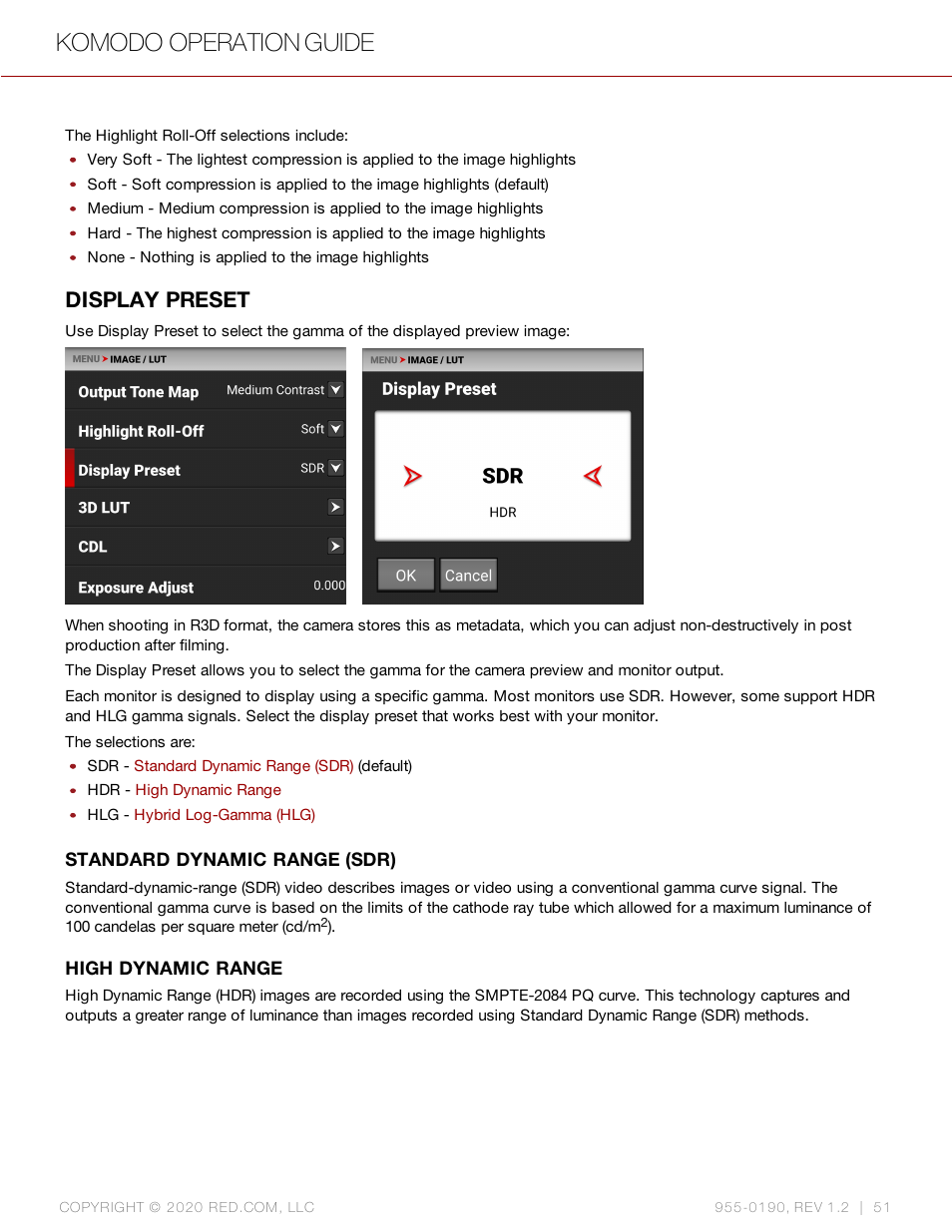 Display preset, Komodo operation guide | RED DIGITAL CINEMA KOMODO 6K Digital Cinema Camera (RF) User Manual | Page 59 / 185