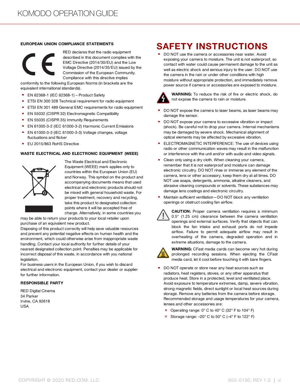 Safety instructions, Komodo operation guide | RED DIGITAL CINEMA KOMODO 6K Digital Cinema Camera (RF) User Manual | Page 6 / 185