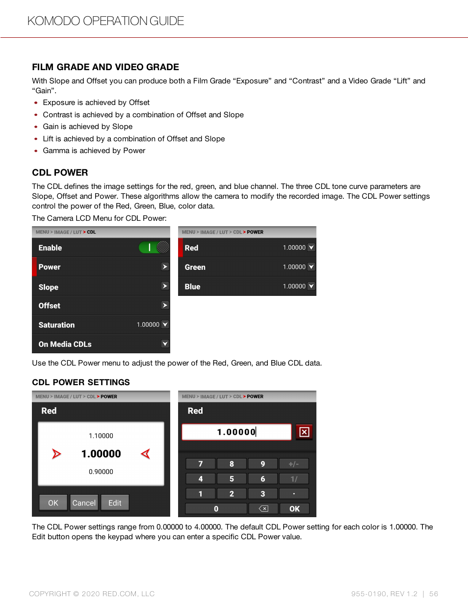 Cdl power, Komodo operation guide | RED DIGITAL CINEMA KOMODO 6K Digital Cinema Camera (RF) User Manual | Page 64 / 185