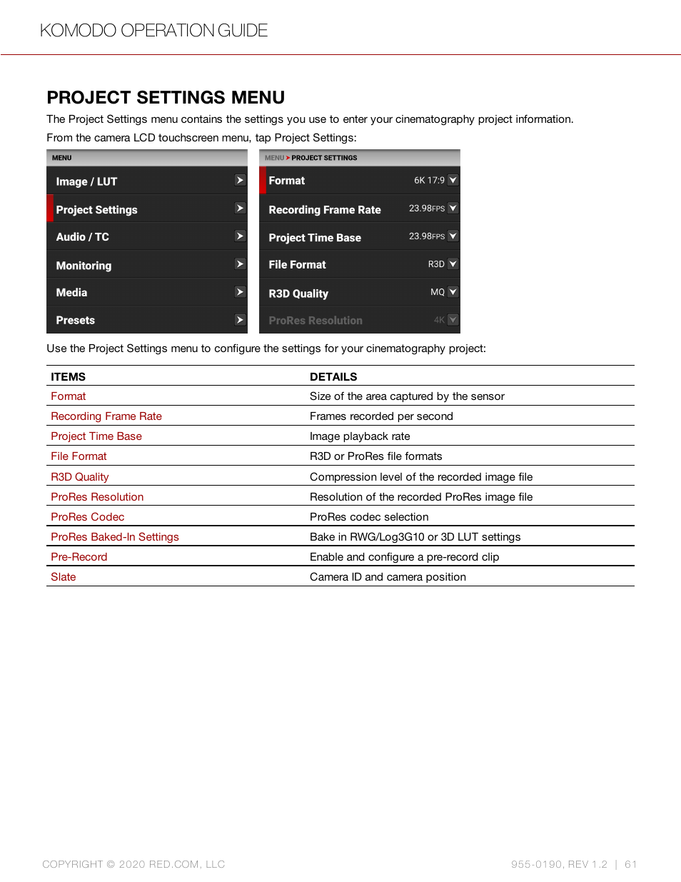 Project settings menu, Komodo operation guide | RED DIGITAL CINEMA KOMODO 6K Digital Cinema Camera (RF) User Manual | Page 69 / 185