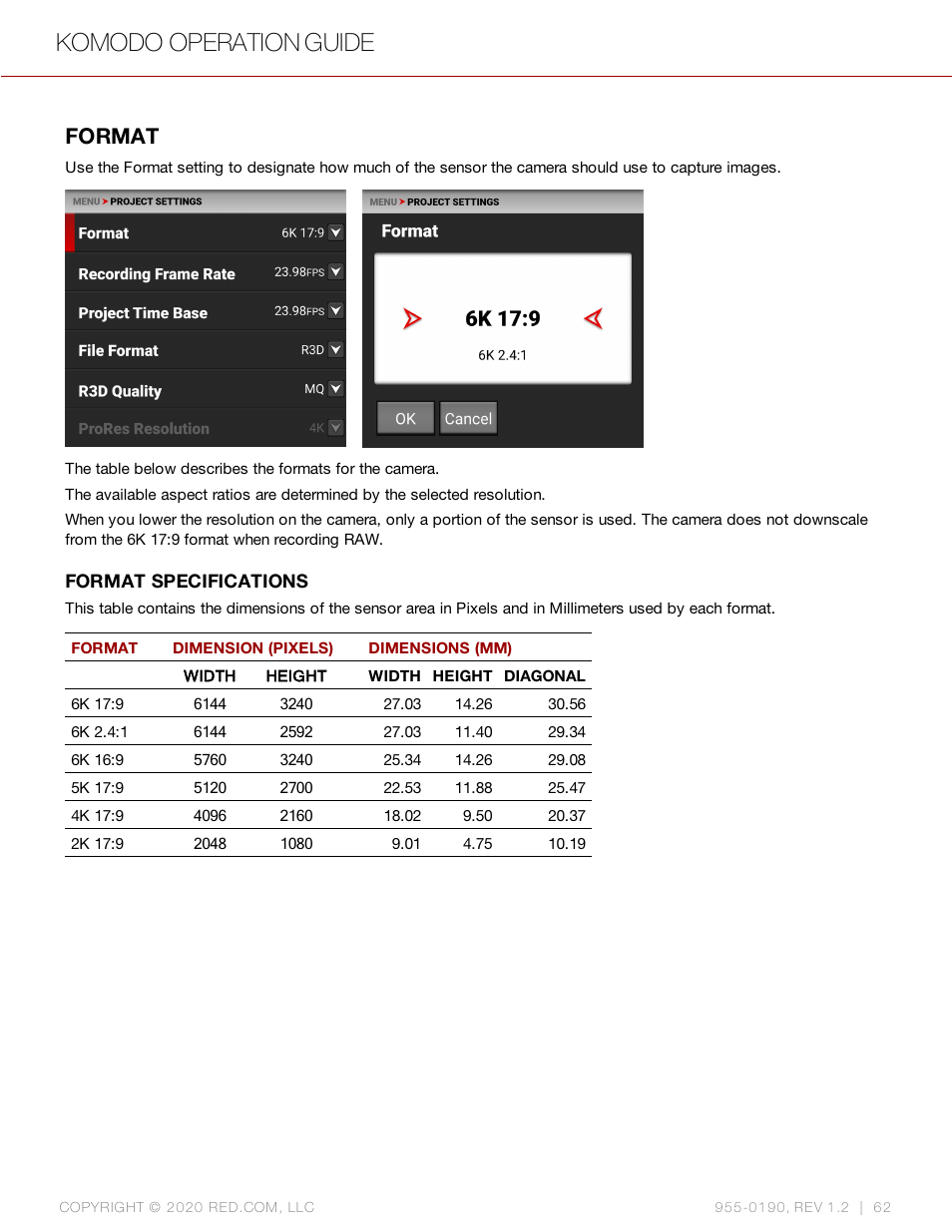 Format, Komodo operation guide | RED DIGITAL CINEMA KOMODO 6K Digital Cinema Camera (RF) User Manual | Page 70 / 185