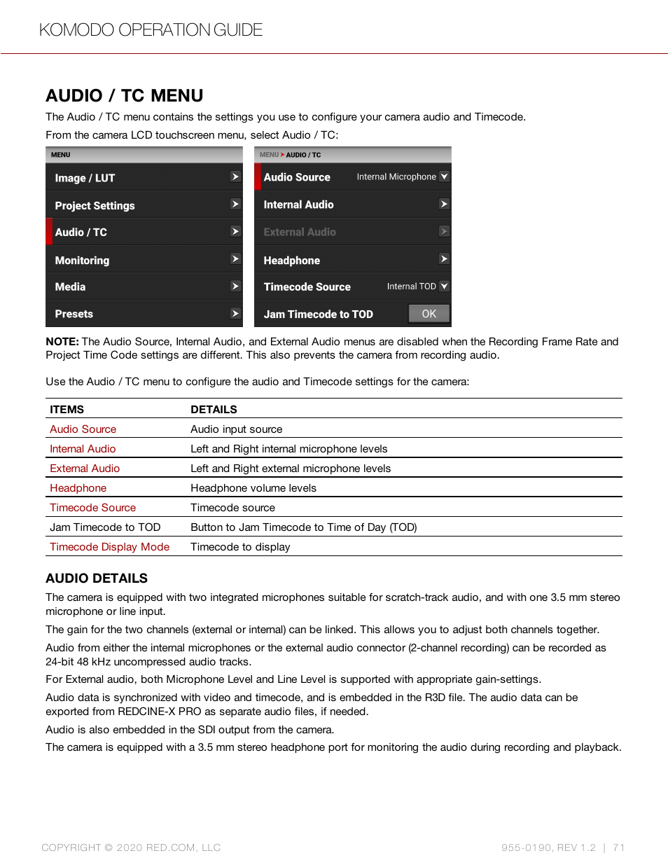 Audio / tc menu, Komodo operation guide | RED DIGITAL CINEMA KOMODO 6K Digital Cinema Camera (RF) User Manual | Page 79 / 185