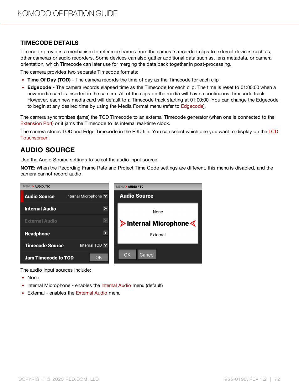 Audio source, Komodo operation guide | RED DIGITAL CINEMA KOMODO 6K Digital Cinema Camera (RF) User Manual | Page 80 / 185