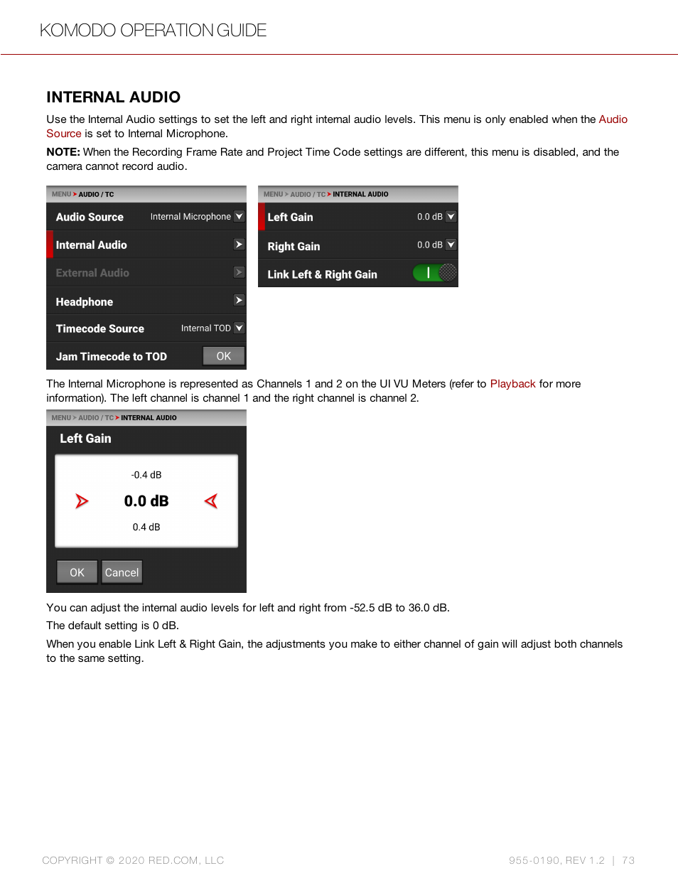 Internal audio, Komodo operation guide | RED DIGITAL CINEMA KOMODO 6K Digital Cinema Camera (RF) User Manual | Page 81 / 185