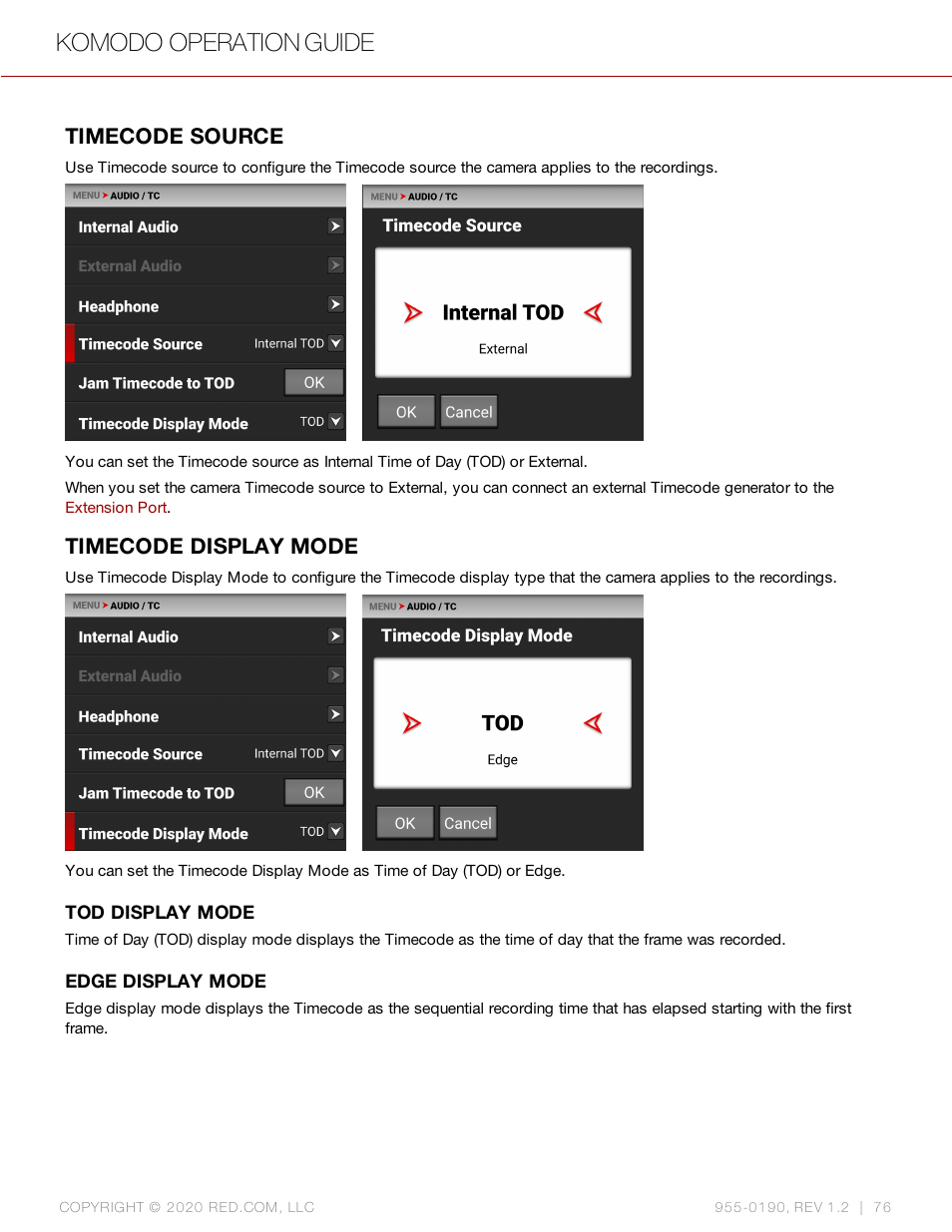 Timecode source, Timecode display mode, Komodo operation guide | RED DIGITAL CINEMA KOMODO 6K Digital Cinema Camera (RF) User Manual | Page 84 / 185