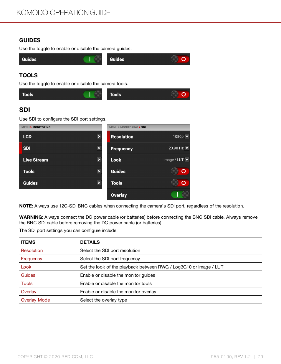 Guides, Tools, Komodo operation guide | RED DIGITAL CINEMA KOMODO 6K Digital Cinema Camera (RF) User Manual | Page 87 / 185