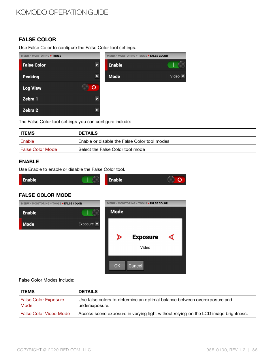 Enable, Mode, False color | Komodo operation guide | RED DIGITAL CINEMA KOMODO 6K Digital Cinema Camera (RF) User Manual | Page 94 / 185