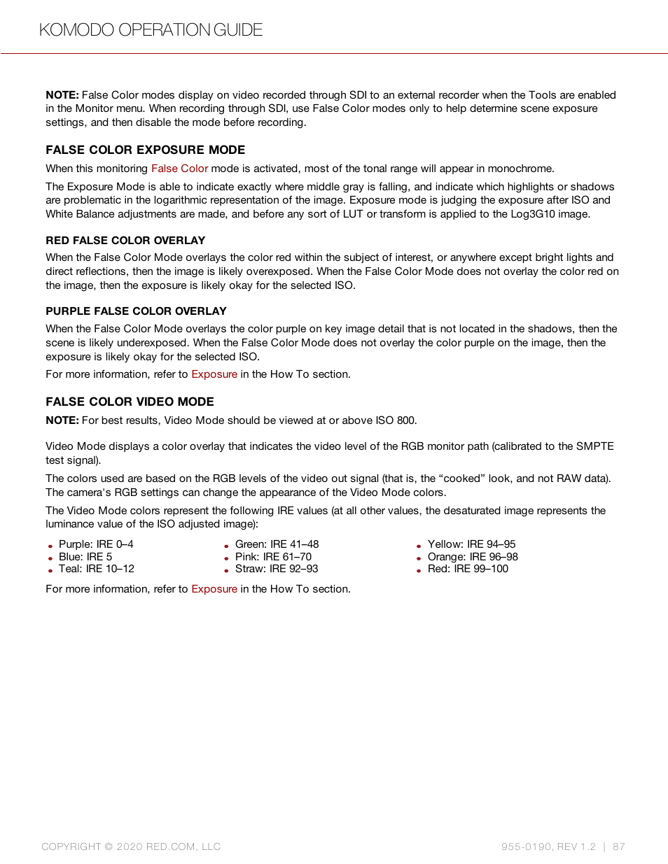 False color exposure mode, False color video mode, Komodo operation guide | RED DIGITAL CINEMA KOMODO 6K Digital Cinema Camera (RF) User Manual | Page 95 / 185