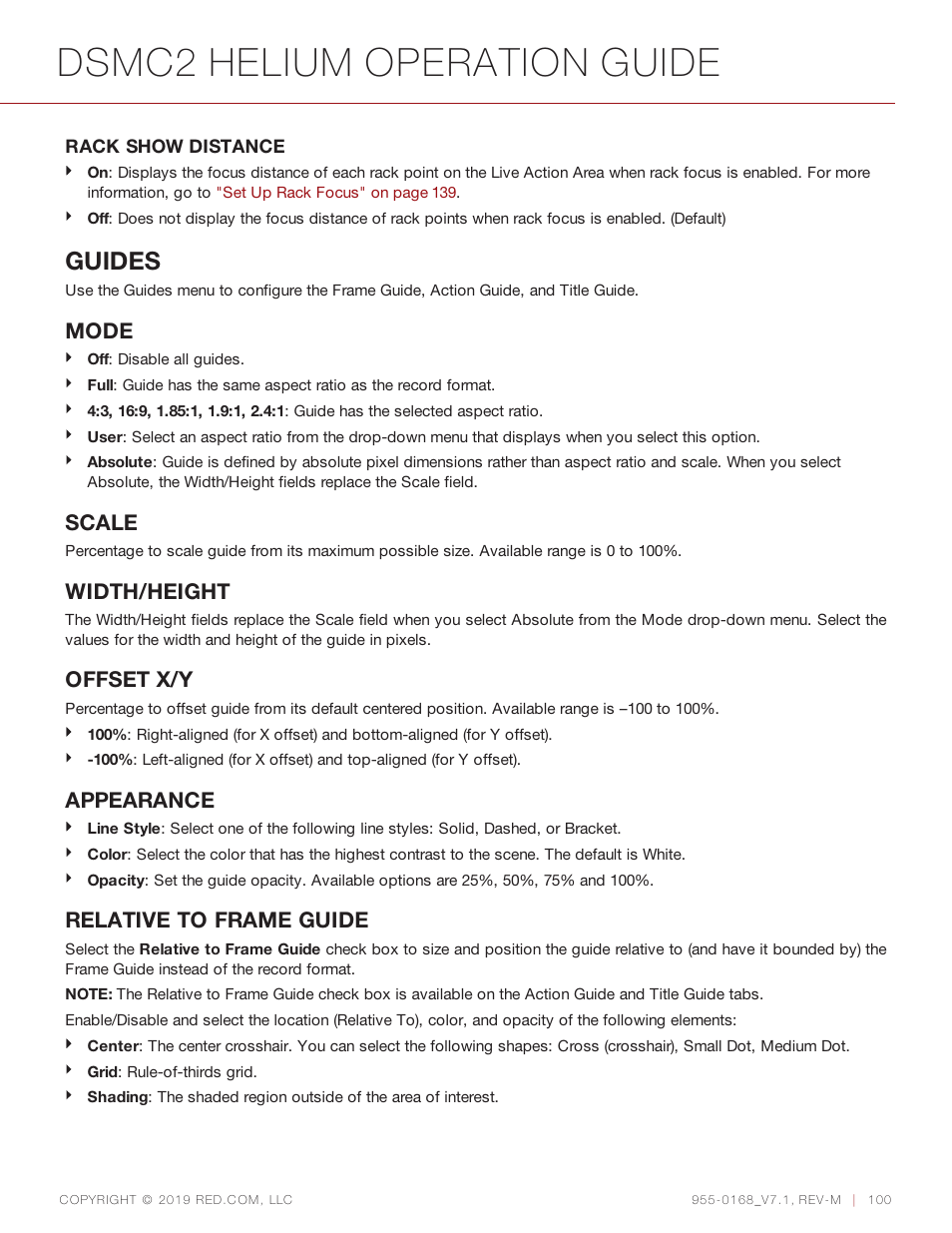 Dsmc2 helium operation guide, Guides, Mode | Scale, Width/height, Offset x/y, Appearance, Relative to frame guide | RED DIGITAL CINEMA DSMC2 BRAIN with HELIUM 8K S35 Sensor (2018 Unified DSMC2 Lineup) User Manual | Page 100 / 266