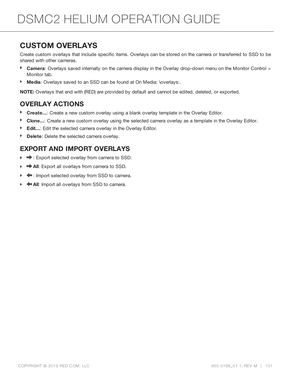 Dsmc2 helium operation guide, Custom overlays, Overlay actions | Export and import overlays | RED DIGITAL CINEMA DSMC2 BRAIN with HELIUM 8K S35 Sensor (2018 Unified DSMC2 Lineup) User Manual | Page 101 / 266
