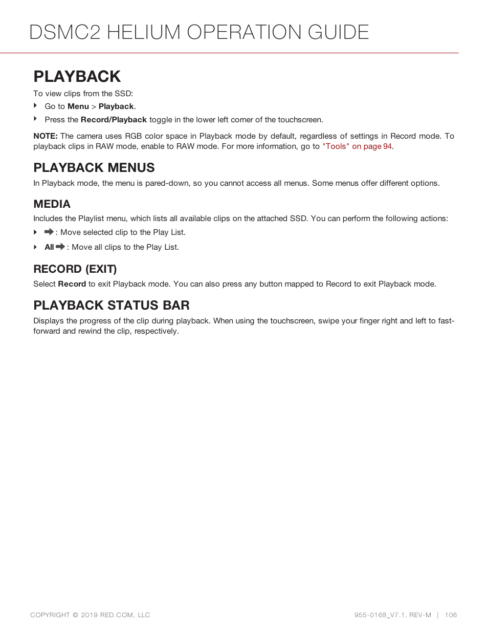 Playback, Dsmc2 helium operation guide, Playback menus | Playback status bar, Media, Record (exit) | RED DIGITAL CINEMA DSMC2 BRAIN with HELIUM 8K S35 Sensor (2018 Unified DSMC2 Lineup) User Manual | Page 106 / 266