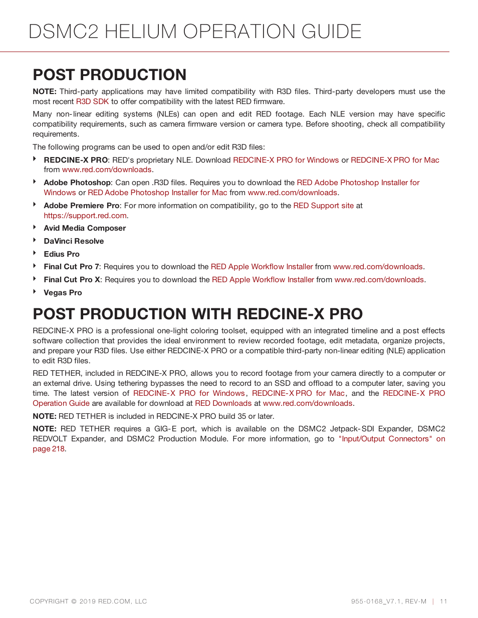 Post production, Post production with redcine-x pro, Dsmc2 helium operation guide | RED DIGITAL CINEMA DSMC2 BRAIN with HELIUM 8K S35 Sensor (2018 Unified DSMC2 Lineup) User Manual | Page 11 / 266