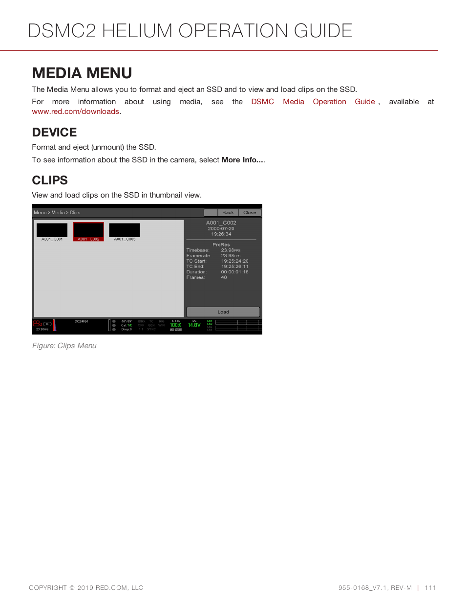 Media menu, Dsmc2 helium operation guide, Device | Clips | RED DIGITAL CINEMA DSMC2 BRAIN with HELIUM 8K S35 Sensor (2018 Unified DSMC2 Lineup) User Manual | Page 111 / 266