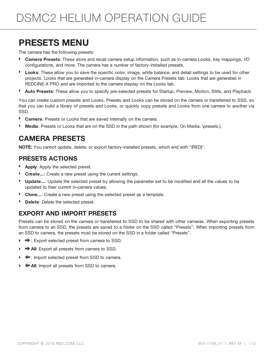Presets menu, Dsmc2 helium operation guide, Camera presets | Presets actions, Export and import presets | RED DIGITAL CINEMA DSMC2 BRAIN with HELIUM 8K S35 Sensor (2018 Unified DSMC2 Lineup) User Manual | Page 112 / 266