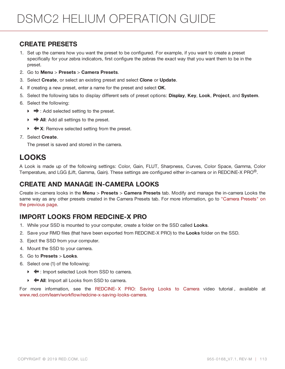 Dsmc2 helium operation guide, Looks, Create presets | Create and manage in-camera looks, Import looks from redcine-x pro | RED DIGITAL CINEMA DSMC2 BRAIN with HELIUM 8K S35 Sensor (2018 Unified DSMC2 Lineup) User Manual | Page 113 / 266