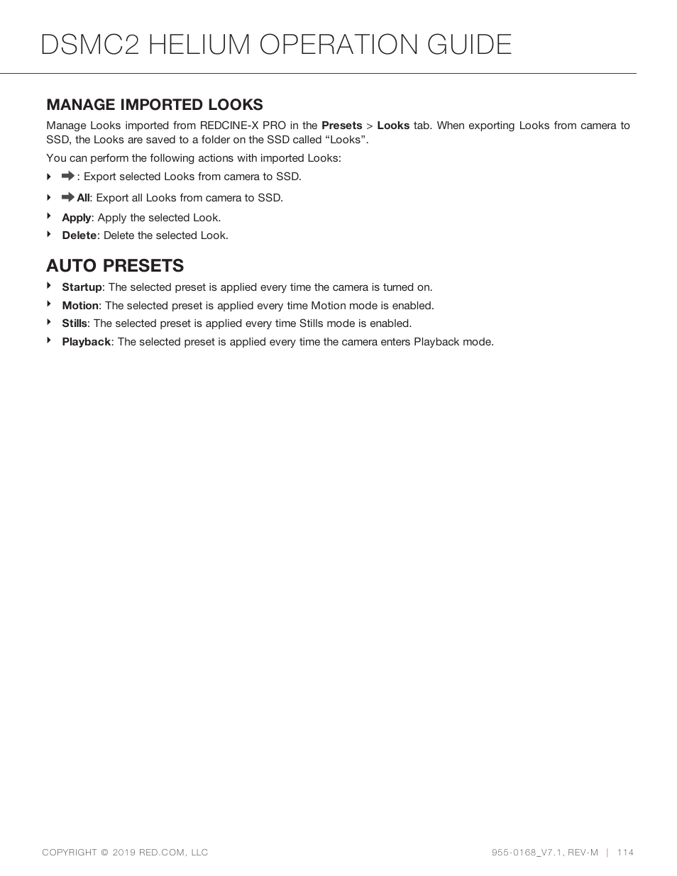 Dsmc2 helium operation guide, Auto presets, Manage imported looks | RED DIGITAL CINEMA DSMC2 BRAIN with HELIUM 8K S35 Sensor (2018 Unified DSMC2 Lineup) User Manual | Page 114 / 266