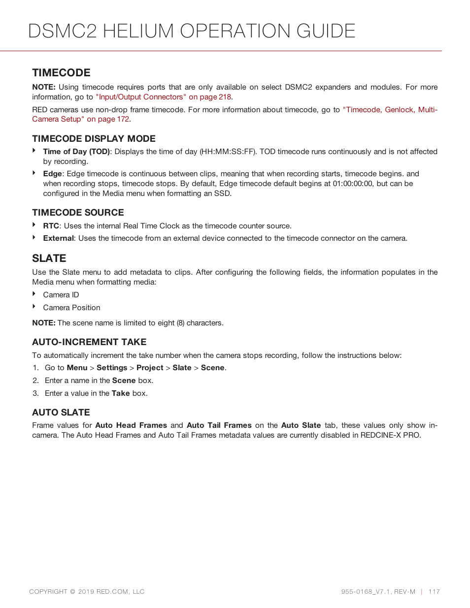 Dsmc2 helium operation guide, Timecode, Slate | RED DIGITAL CINEMA DSMC2 BRAIN with HELIUM 8K S35 Sensor (2018 Unified DSMC2 Lineup) User Manual | Page 117 / 266