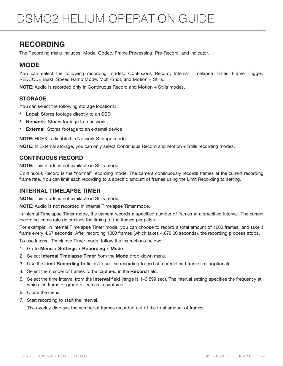 Dsmc2 helium operation guide, Recording, Mode | RED DIGITAL CINEMA DSMC2 BRAIN with HELIUM 8K S35 Sensor (2018 Unified DSMC2 Lineup) User Manual | Page 124 / 266