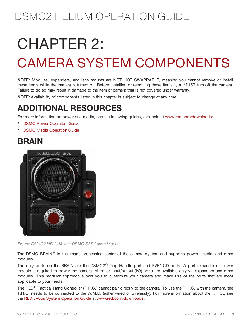 Chapter 2: camera system components, Additional resources, Brain | Chapter 2: camera system components 13, Chapter 2, Camera system components, Dsmc2 helium operation guide | RED DIGITAL CINEMA DSMC2 BRAIN with HELIUM 8K S35 Sensor (2018 Unified DSMC2 Lineup) User Manual | Page 13 / 266