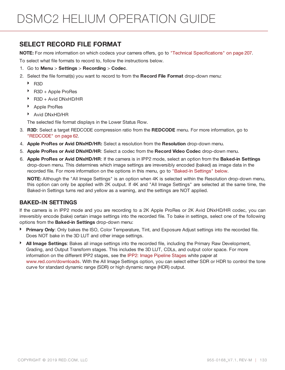 Select, Select record file, Dsmc2 helium operation guide | Select record file format | RED DIGITAL CINEMA DSMC2 BRAIN with HELIUM 8K S35 Sensor (2018 Unified DSMC2 Lineup) User Manual | Page 133 / 266