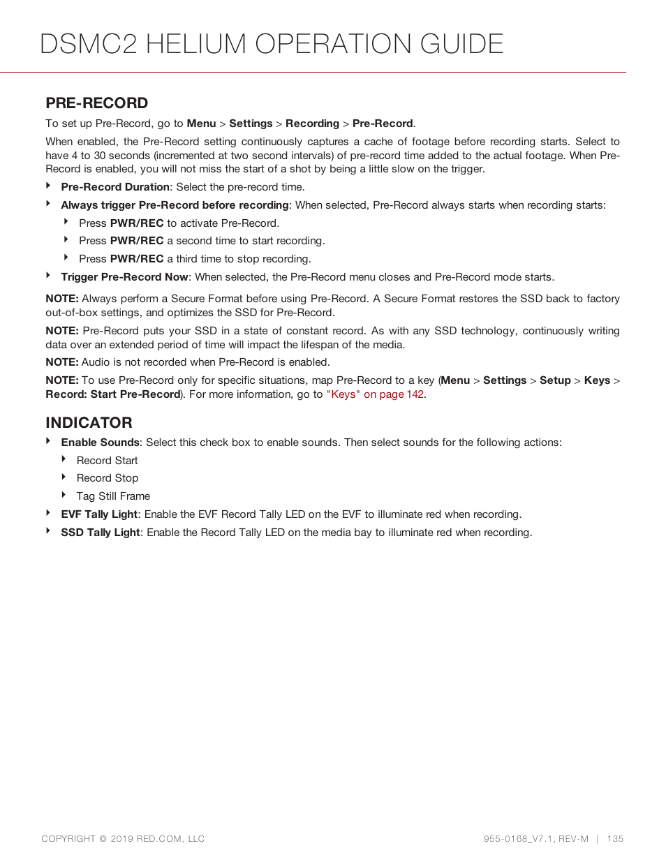 Dsmc2 helium operation guide, Pre-record, Indicator | RED DIGITAL CINEMA DSMC2 BRAIN with HELIUM 8K S35 Sensor (2018 Unified DSMC2 Lineup) User Manual | Page 135 / 266