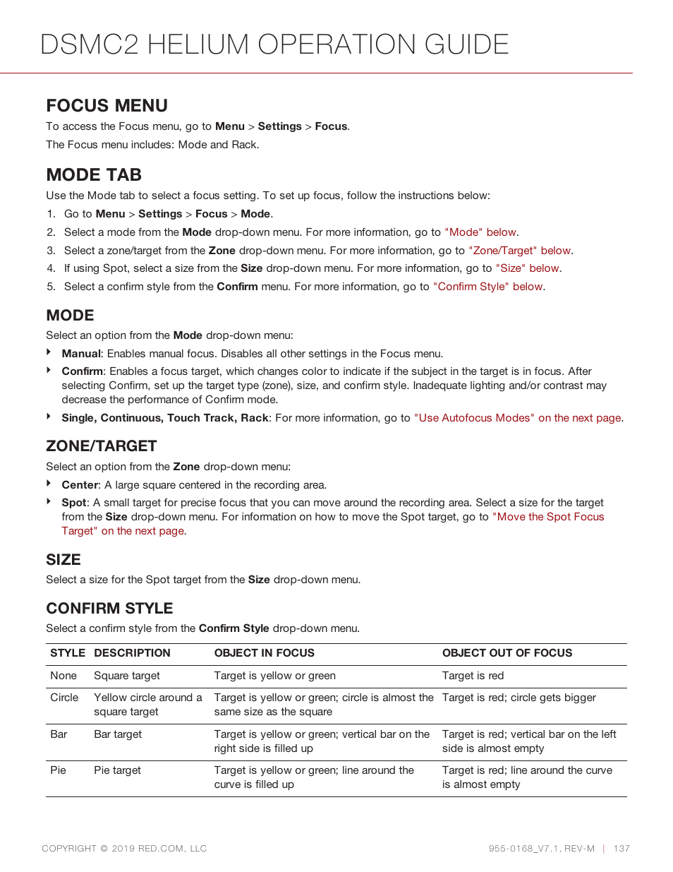 Dsmc2 helium operation guide, Focus menu, Mode tab | Mode, Zone/target, Size, Confirm style | RED DIGITAL CINEMA DSMC2 BRAIN with HELIUM 8K S35 Sensor (2018 Unified DSMC2 Lineup) User Manual | Page 137 / 266