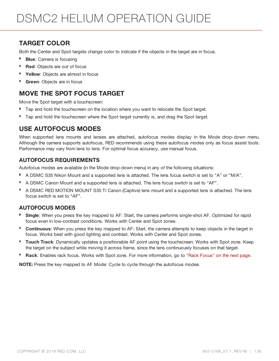 Move the spot focus, Dsmc2 helium operation guide, Target color | Move the spot focus target, Use autofocus modes | RED DIGITAL CINEMA DSMC2 BRAIN with HELIUM 8K S35 Sensor (2018 Unified DSMC2 Lineup) User Manual | Page 138 / 266