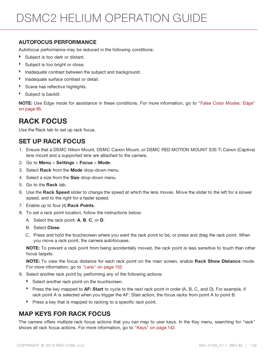 Dsmc2 helium operation guide, Rack focus, Set up rack focus | Map keys for rack focus | RED DIGITAL CINEMA DSMC2 BRAIN with HELIUM 8K S35 Sensor (2018 Unified DSMC2 Lineup) User Manual | Page 139 / 266