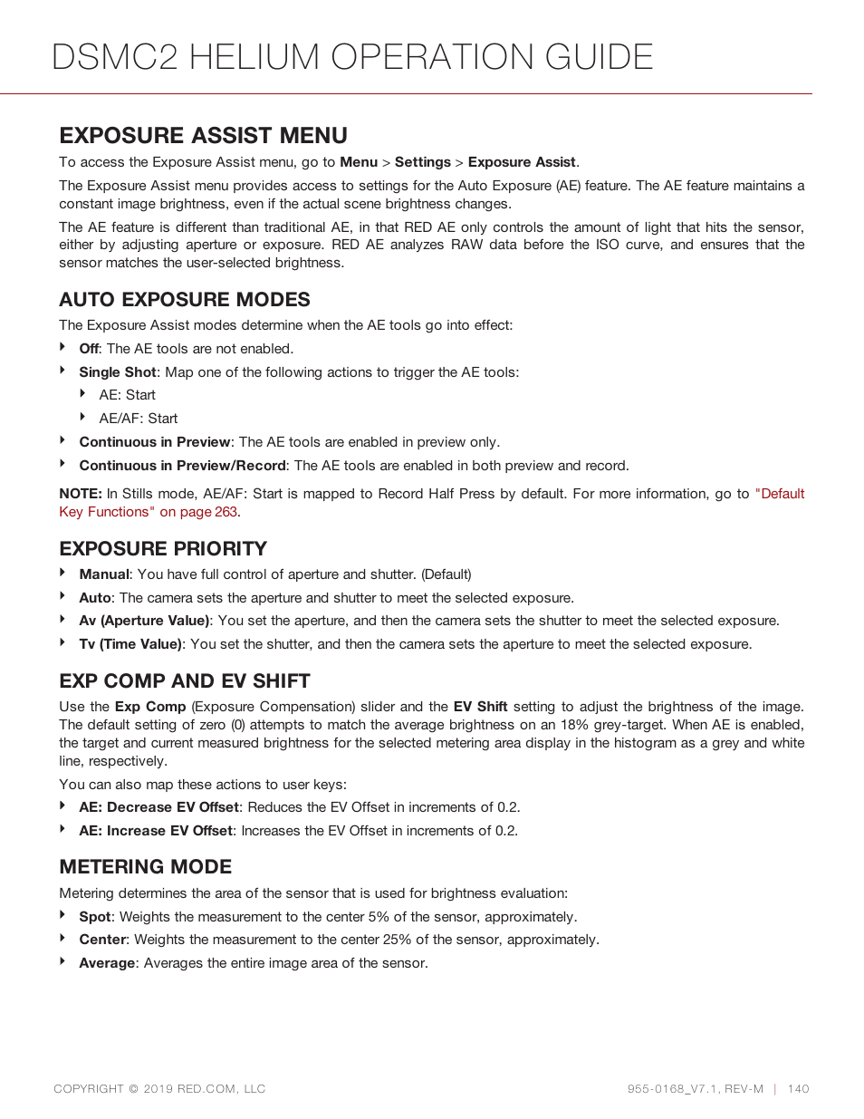 Dsmc2 helium operation guide, Exposure assist menu, Auto exposure modes | Exposure priority, Exp comp and ev shift, Metering mode | RED DIGITAL CINEMA DSMC2 BRAIN with HELIUM 8K S35 Sensor (2018 Unified DSMC2 Lineup) User Manual | Page 140 / 266