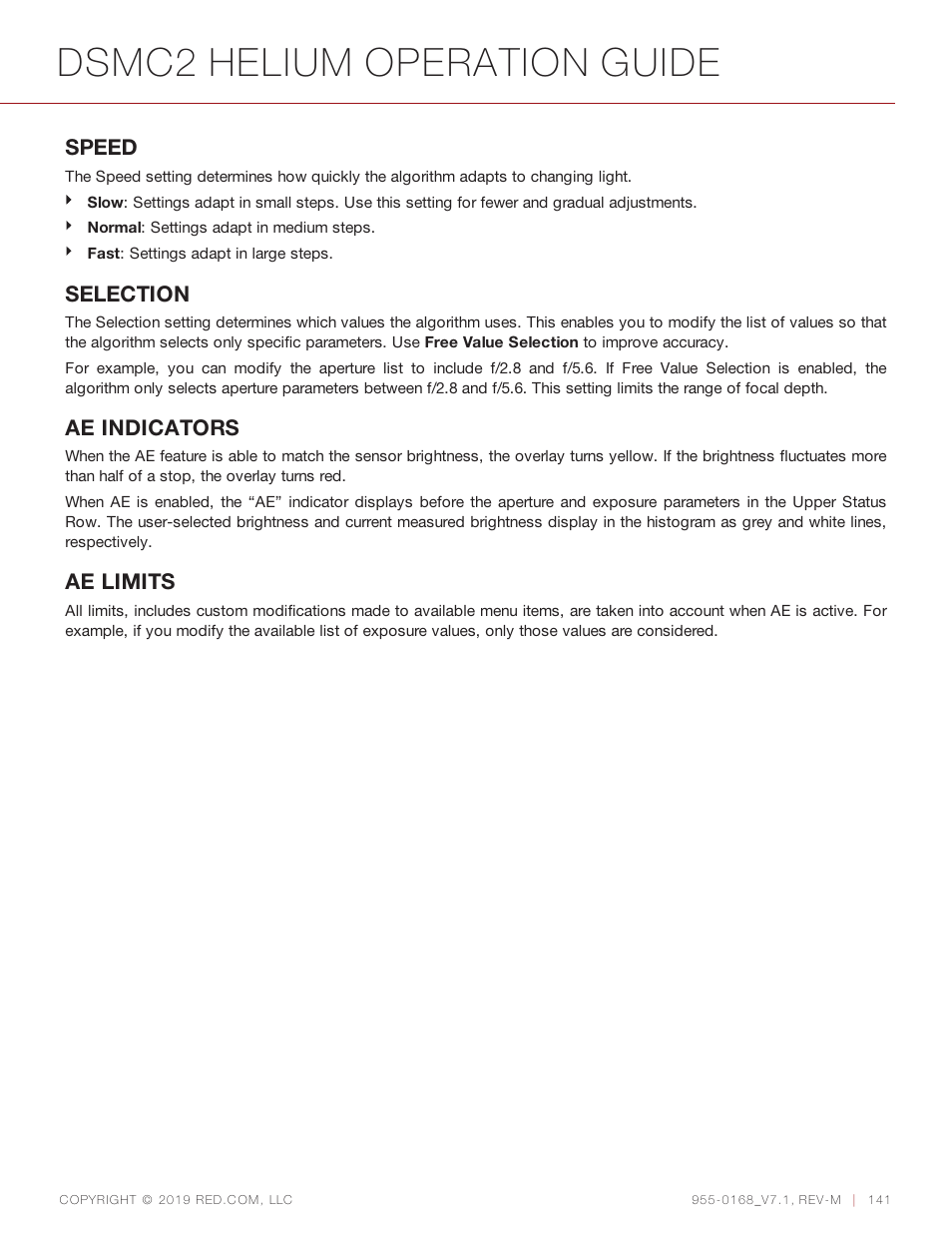 Dsmc2 helium operation guide, Speed, Selection | Ae indicators, Ae limits | RED DIGITAL CINEMA DSMC2 BRAIN with HELIUM 8K S35 Sensor (2018 Unified DSMC2 Lineup) User Manual | Page 141 / 266