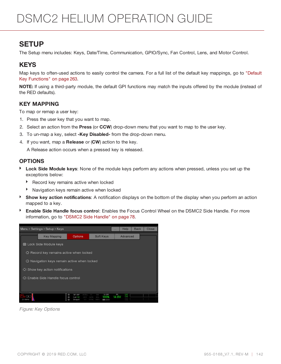 Dsmc2 helium operation guide, Setup, Keys | RED DIGITAL CINEMA DSMC2 BRAIN with HELIUM 8K S35 Sensor (2018 Unified DSMC2 Lineup) User Manual | Page 142 / 266
