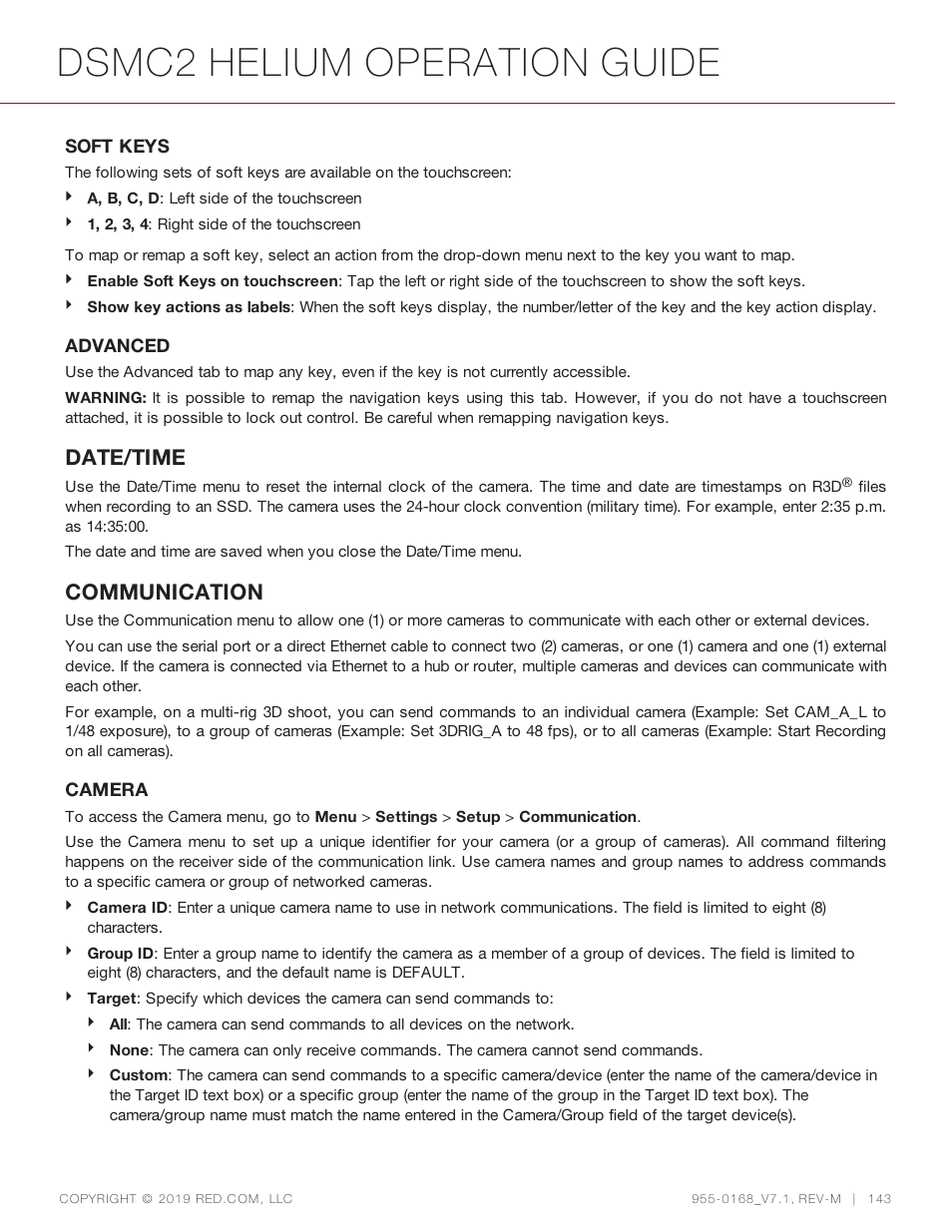 Dsmc2 helium operation guide, Date/time, Communication | RED DIGITAL CINEMA DSMC2 BRAIN with HELIUM 8K S35 Sensor (2018 Unified DSMC2 Lineup) User Manual | Page 143 / 266