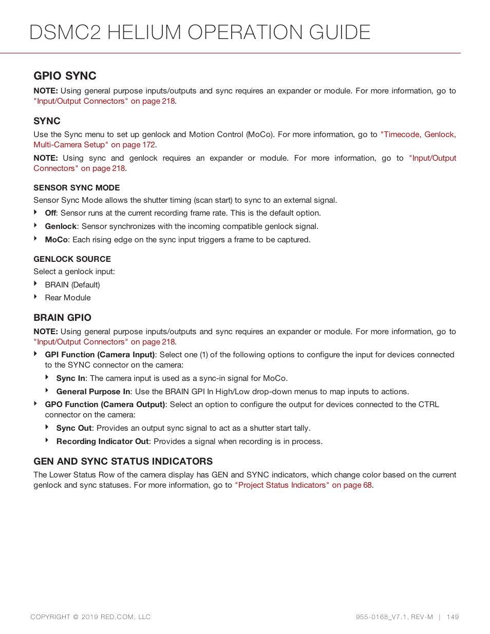 Dsmc2 helium operation guide, Gpio sync | RED DIGITAL CINEMA DSMC2 BRAIN with HELIUM 8K S35 Sensor (2018 Unified DSMC2 Lineup) User Manual | Page 149 / 266