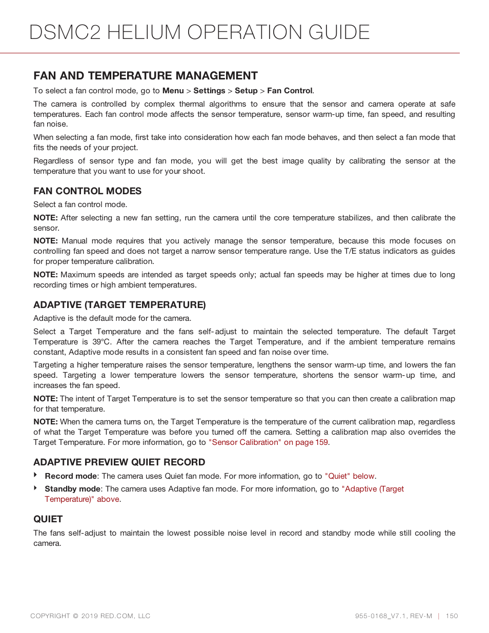 Dsmc2 helium operation guide, Fan and temperature management | RED DIGITAL CINEMA DSMC2 BRAIN with HELIUM 8K S35 Sensor (2018 Unified DSMC2 Lineup) User Manual | Page 150 / 266