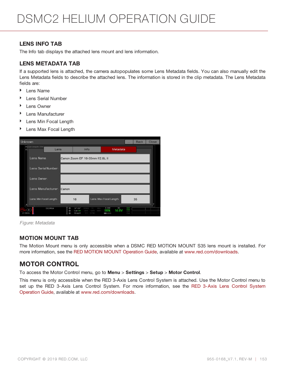 Dsmc2 helium operation guide, Motor control | RED DIGITAL CINEMA DSMC2 BRAIN with HELIUM 8K S35 Sensor (2018 Unified DSMC2 Lineup) User Manual | Page 153 / 266