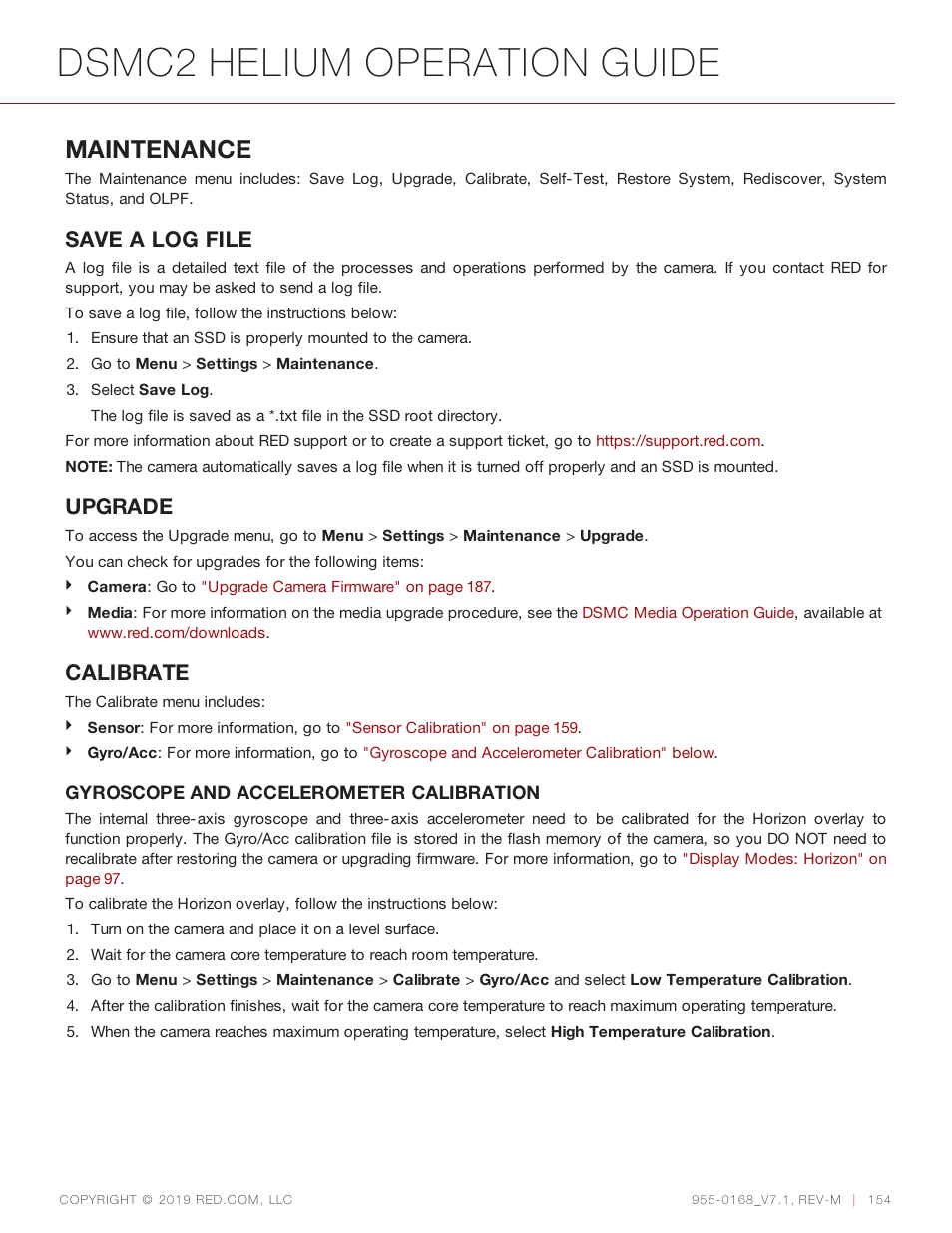 Dsmc2 helium operation guide, Maintenance, Save a log file | Upgrade, Calibrate | RED DIGITAL CINEMA DSMC2 BRAIN with HELIUM 8K S35 Sensor (2018 Unified DSMC2 Lineup) User Manual | Page 154 / 266