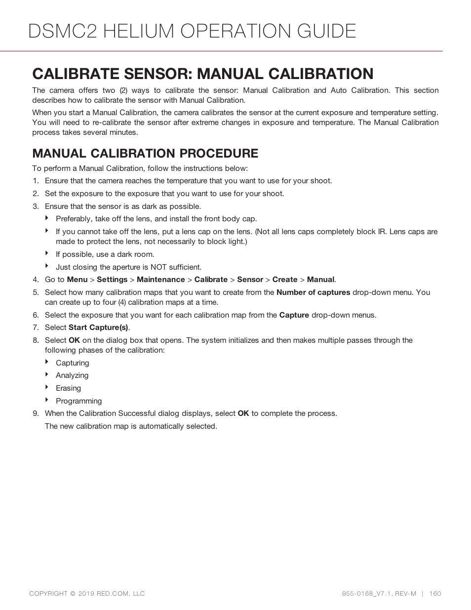 Calibrate sensor: manual calibration, Dsmc2 helium operation guide, Manual calibration procedure | RED DIGITAL CINEMA DSMC2 BRAIN with HELIUM 8K S35 Sensor (2018 Unified DSMC2 Lineup) User Manual | Page 160 / 266