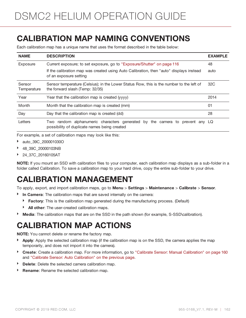 Calibration map naming conventions, Calibration management, Calibration map actions | Dsmc2 helium operation guide | RED DIGITAL CINEMA DSMC2 BRAIN with HELIUM 8K S35 Sensor (2018 Unified DSMC2 Lineup) User Manual | Page 162 / 266