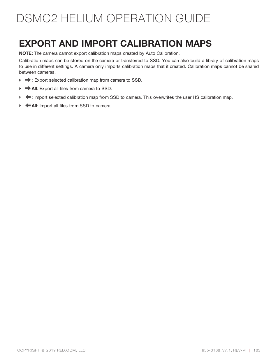 Export and import calibration maps, Dsmc2 helium operation guide | RED DIGITAL CINEMA DSMC2 BRAIN with HELIUM 8K S35 Sensor (2018 Unified DSMC2 Lineup) User Manual | Page 163 / 266