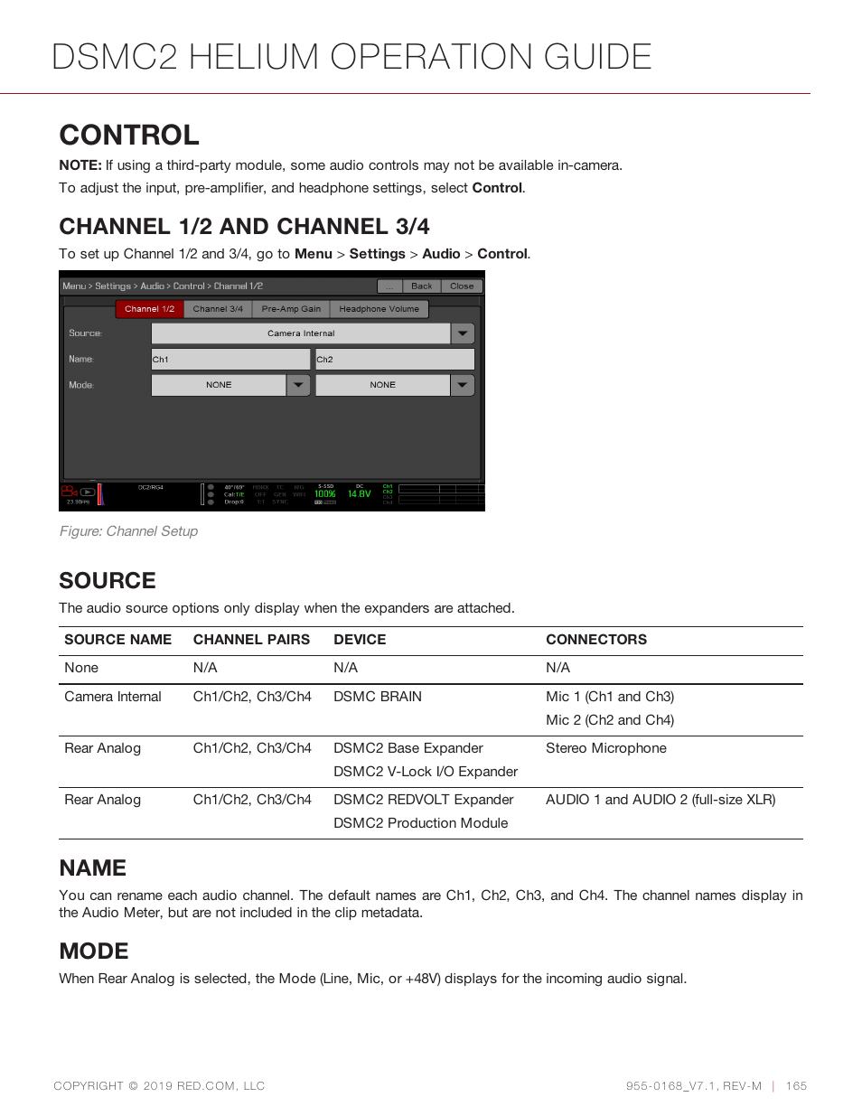 Control, Dsmc2 helium operation guide, Channel 1/2 and channel 3/4 | Source, Name, Mode | RED DIGITAL CINEMA DSMC2 BRAIN with HELIUM 8K S35 Sensor (2018 Unified DSMC2 Lineup) User Manual | Page 165 / 266