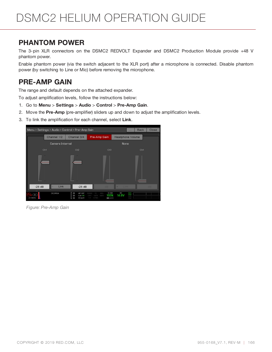 Dsmc2 helium operation guide, Phantom power, Pre-amp gain | RED DIGITAL CINEMA DSMC2 BRAIN with HELIUM 8K S35 Sensor (2018 Unified DSMC2 Lineup) User Manual | Page 166 / 266
