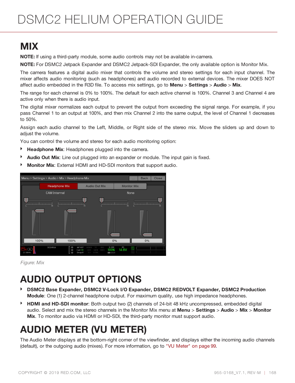 Audio output options, Audio meter (vu meter), Dsmc2 helium operation guide | RED DIGITAL CINEMA DSMC2 BRAIN with HELIUM 8K S35 Sensor (2018 Unified DSMC2 Lineup) User Manual | Page 168 / 266