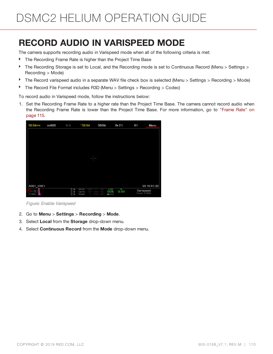 Record audio in varispeed mode, Dsmc2 helium operation guide | RED DIGITAL CINEMA DSMC2 BRAIN with HELIUM 8K S35 Sensor (2018 Unified DSMC2 Lineup) User Manual | Page 170 / 266