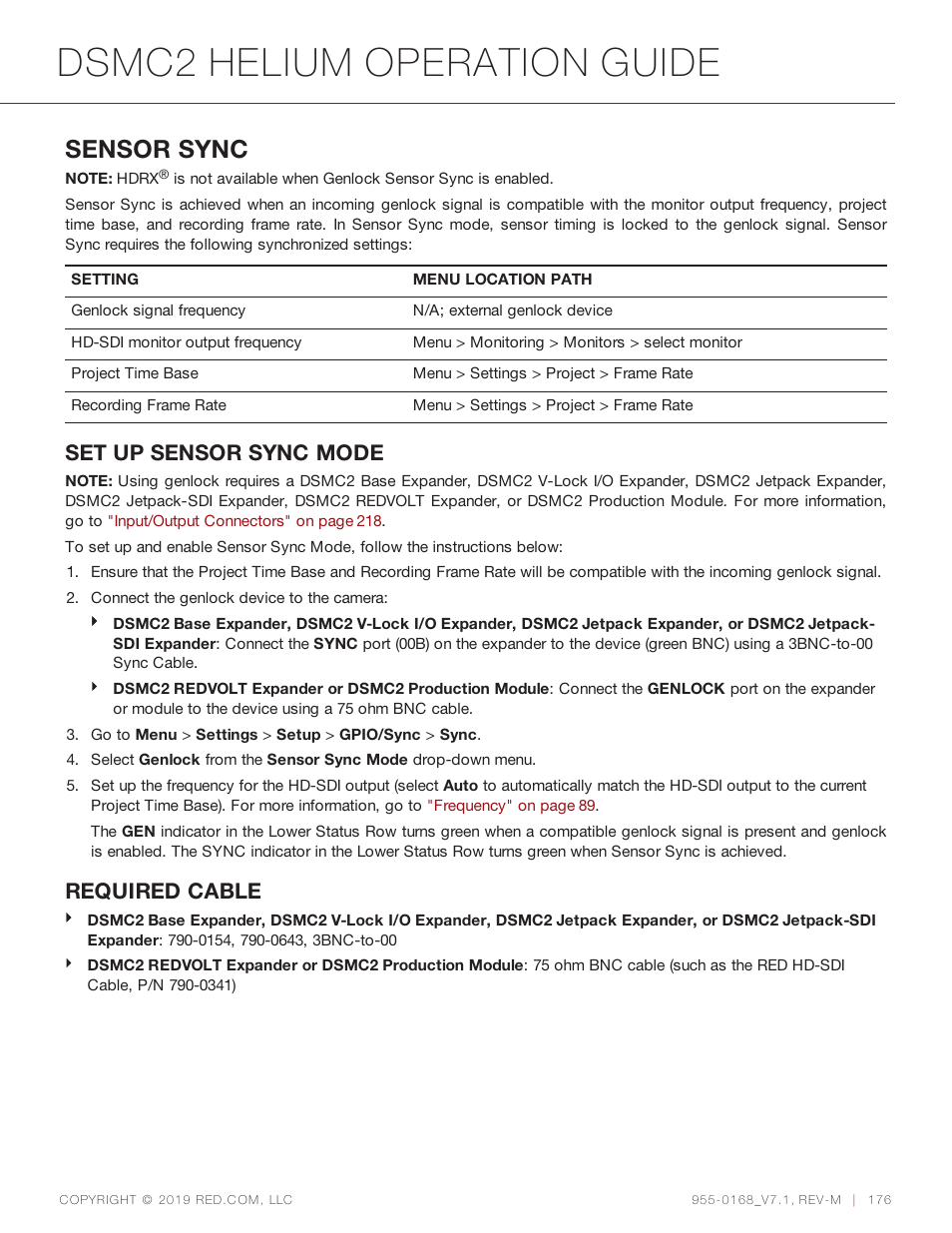 Dsmc2 helium operation guide, Sensor sync, Set up sensor sync mode | Required cable | RED DIGITAL CINEMA DSMC2 BRAIN with HELIUM 8K S35 Sensor (2018 Unified DSMC2 Lineup) User Manual | Page 176 / 266