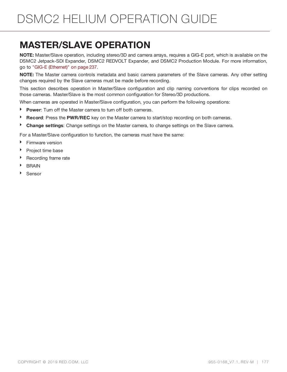 Master/slave operation, Dsmc2 helium operation guide | RED DIGITAL CINEMA DSMC2 BRAIN with HELIUM 8K S35 Sensor (2018 Unified DSMC2 Lineup) User Manual | Page 177 / 266